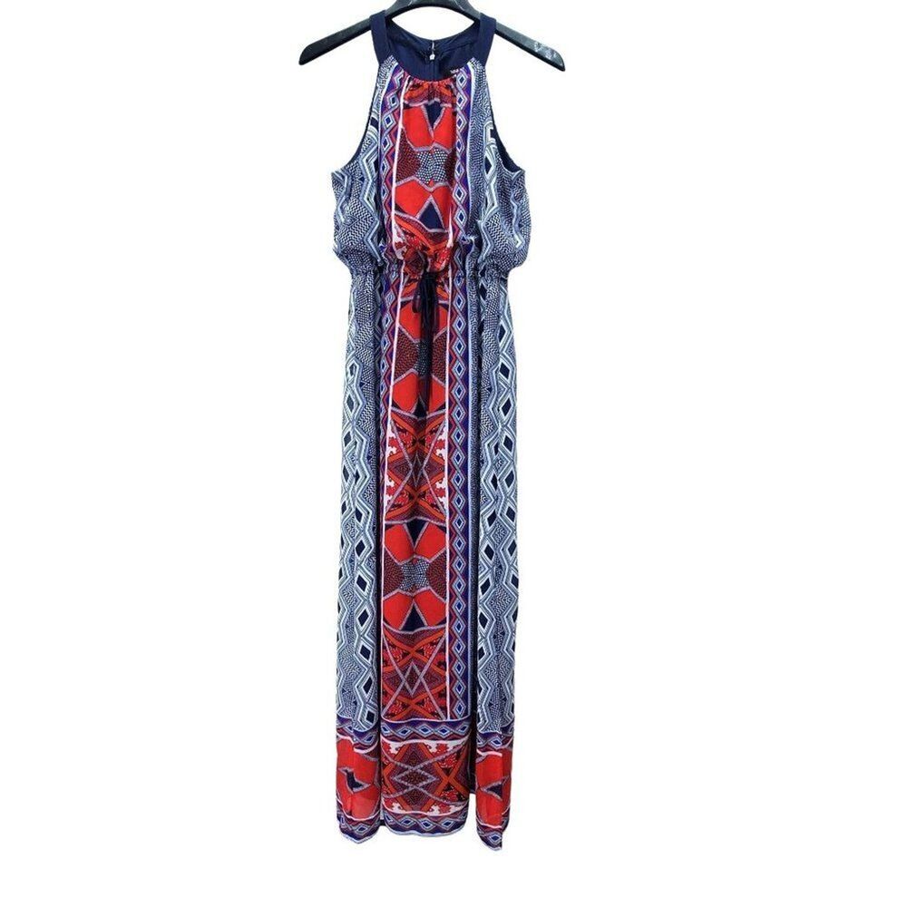 Nine West Maxi Sundress Womens 6 Blouson Red White Blue Lined Resort Wear
